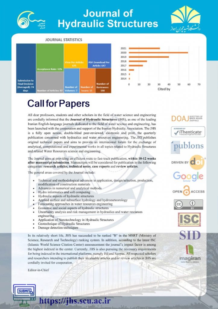 فراخوان پذیرش مقاله Journal of Hydraulic Structures انجمن هیدرولیک ایران